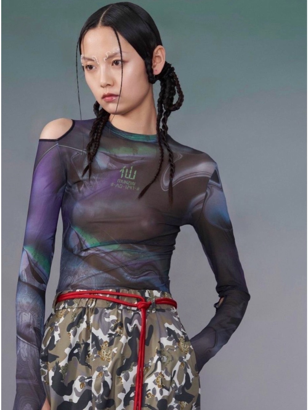 Sheer Abstract Print Long-Sleeve Top in Multicolor